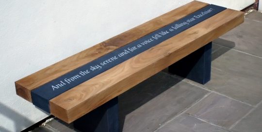 Martin Cooks elegant welsh slate and oak carved garden bench
